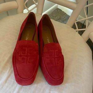 Tory Burch worn once red suede loafers. Size 7.5 pristine condition